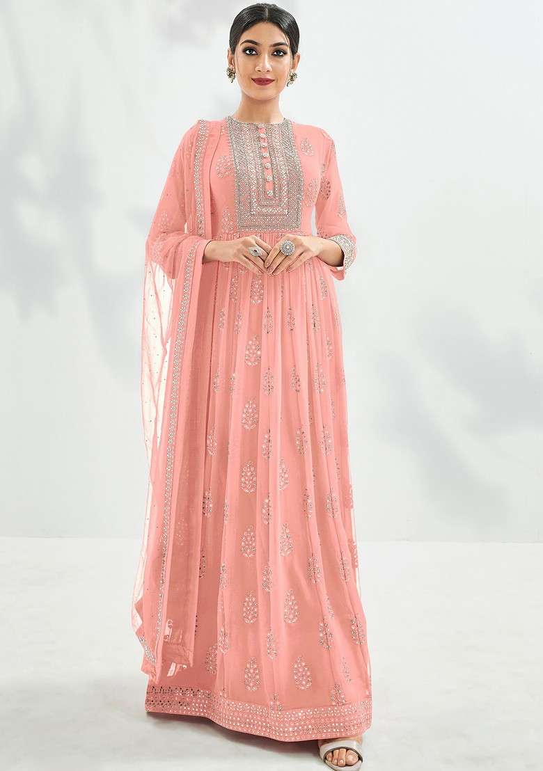 Peach Embroidered Georgette Anarkali With Dupatta - Indya