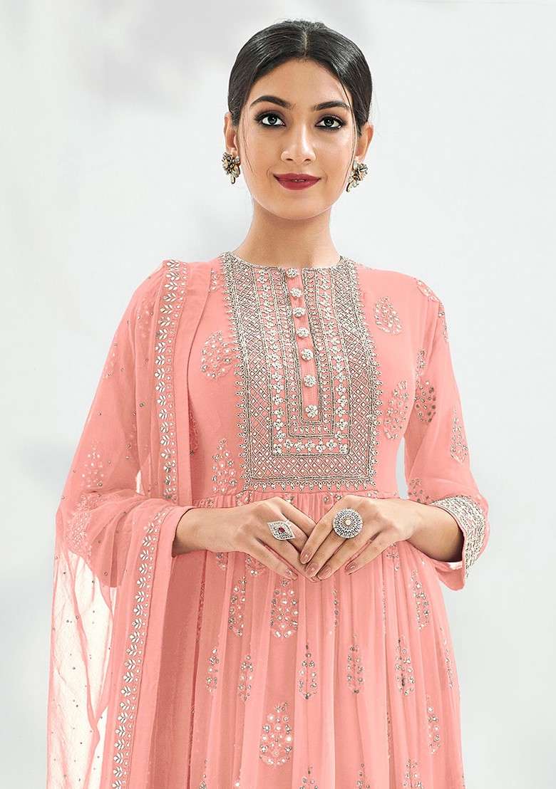 Peach Embroidered Georgette Anarkali With Dupatta - Indya