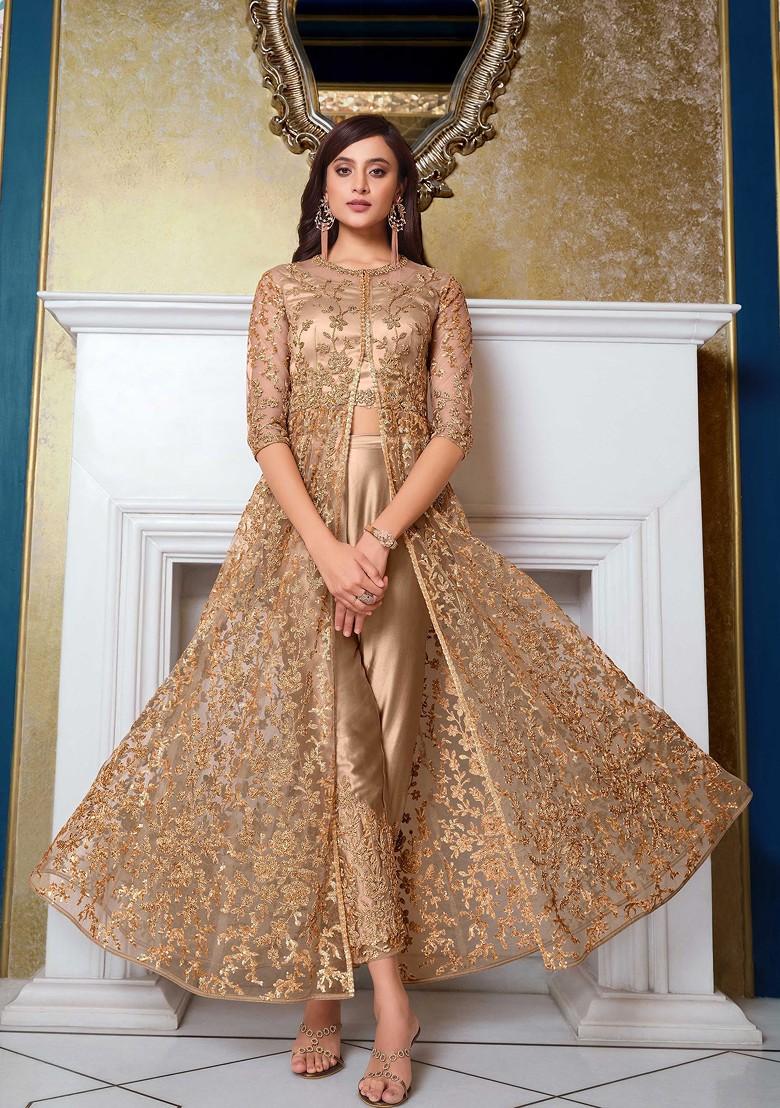 Beige Embroidered Net Anarkali Set