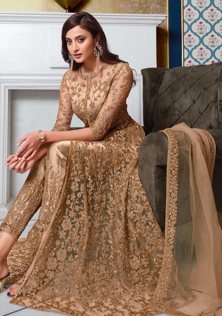 Beige Embroidered Net Anarkali Set