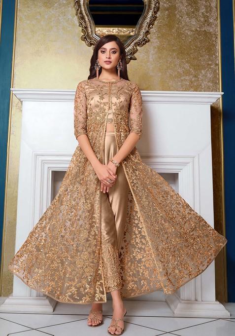 Beige Embroidered Net Anarkali Set