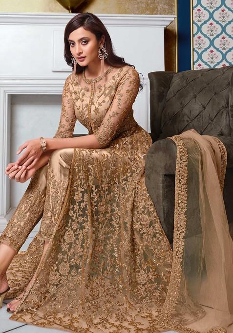 Beige Embroidered Net Anarkali Set