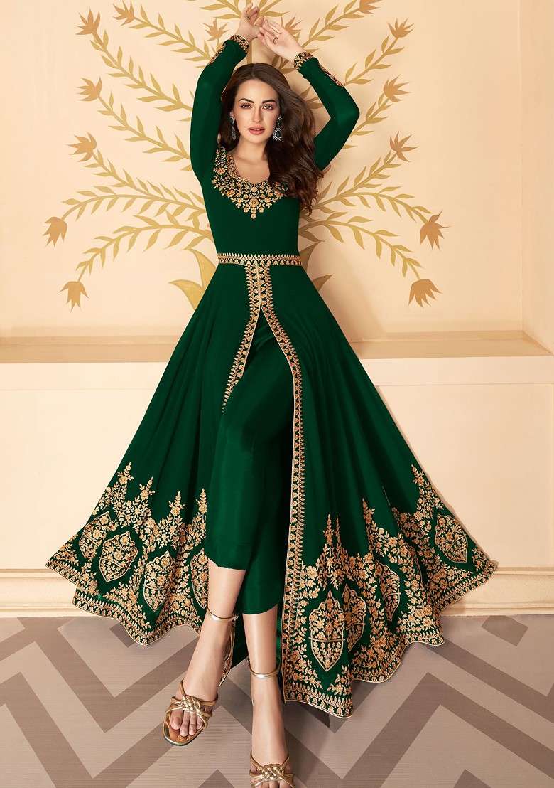 Green Embroidered Georgette Anarkali With Dupatta - Indya