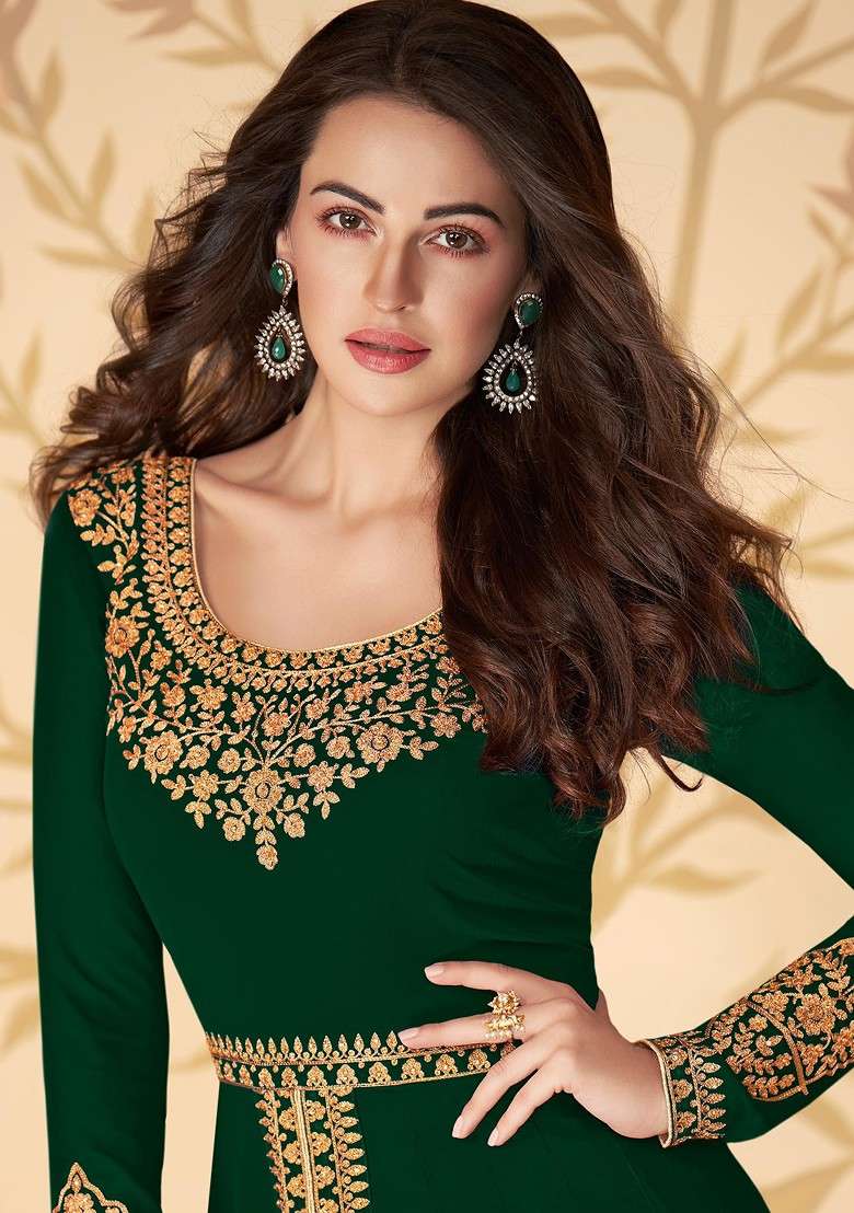 Green Embroidered Georgette Anarkali With Dupatta - Indya