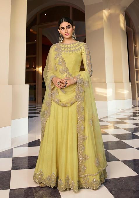 Yellow Zari Embroidered Art Silk Anarkali Set