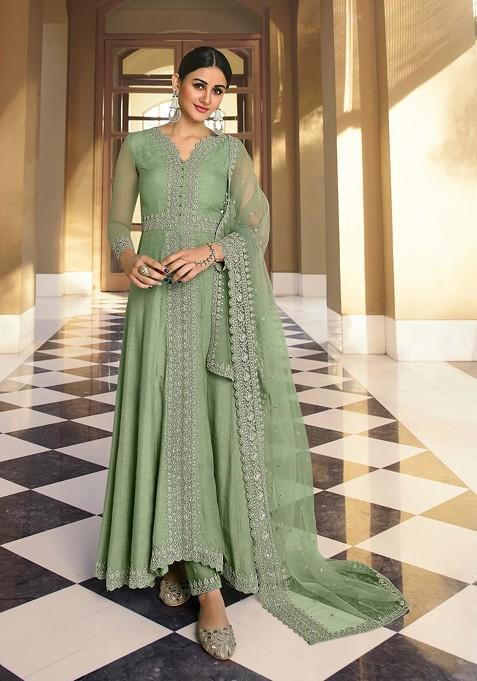 Green Zari Embroidered Art Silk Anarkali Set