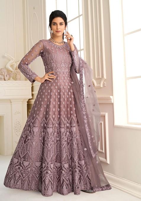 Mauve Zari Embroidered Net Anarkali Set