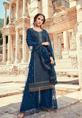 Blue Zari Embroidered Georgette Kurta Set