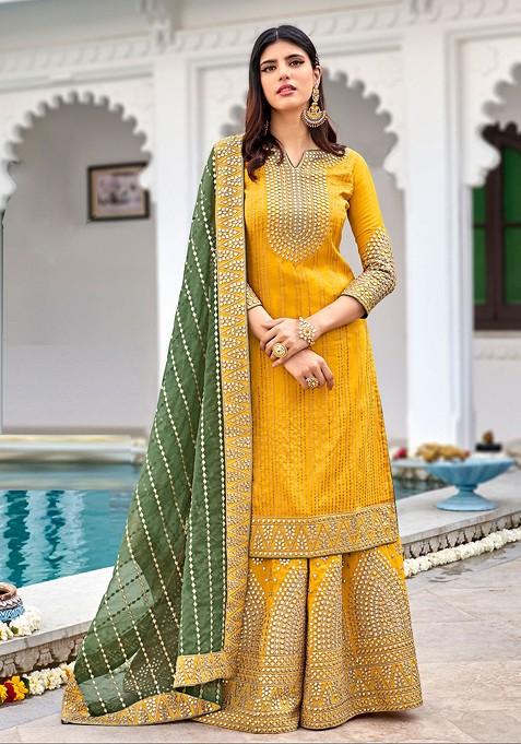 Yellow Embroidered Georgette Kurta Set