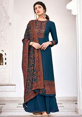 Blue Embroidered Viscose Silk Kurta Set