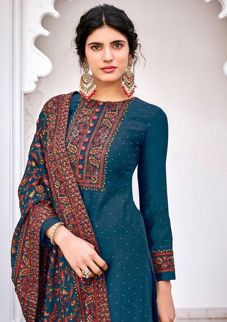 Blue Embroidered Viscose Silk Kurta Set