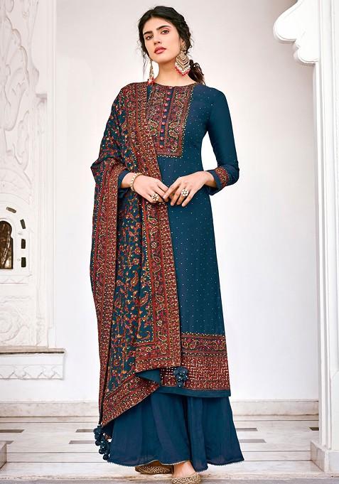Blue Embroidered Viscose Silk Kurta Set