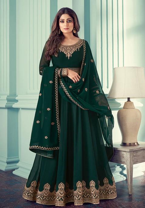 Green Embroidered Georgette Anarkali Set