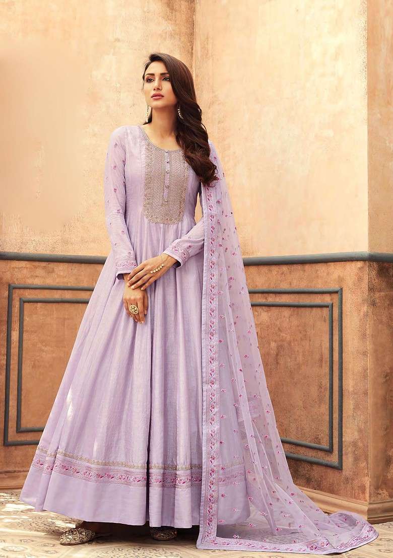 Lavender Embroidered Art Silk Blend Anarkali With Dupatta - Indya