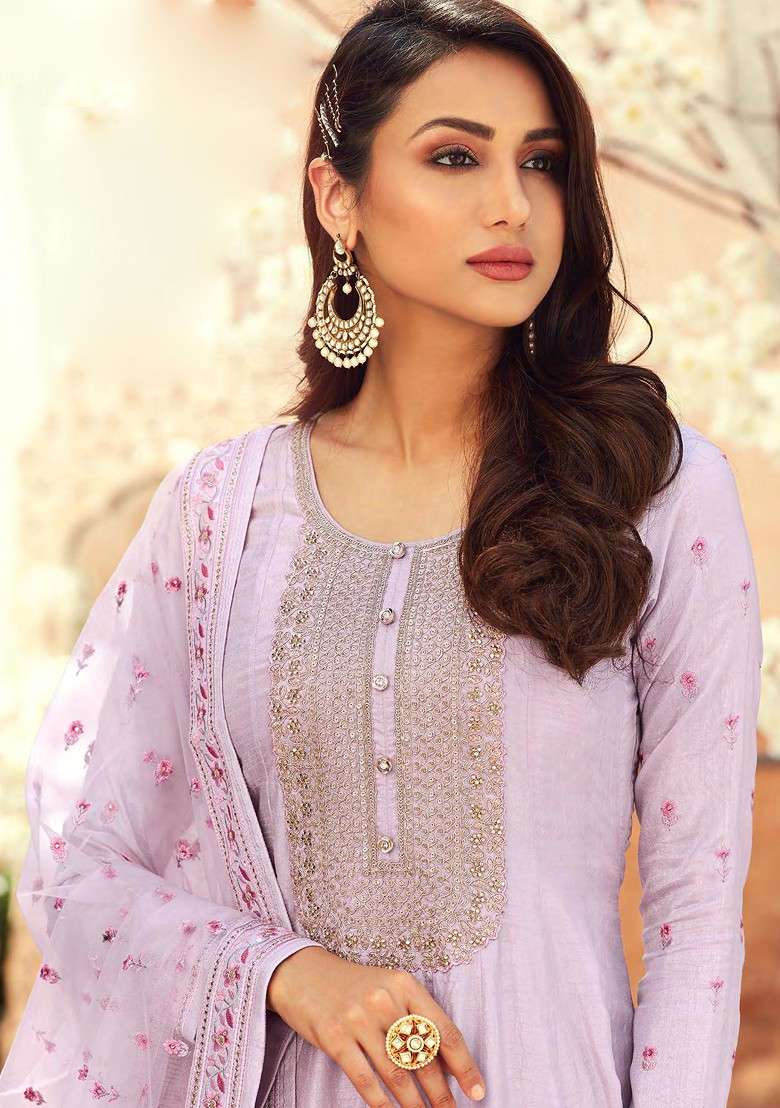 Lavender Embroidered Art Silk Blend Anarkali With Dupatta - Indya