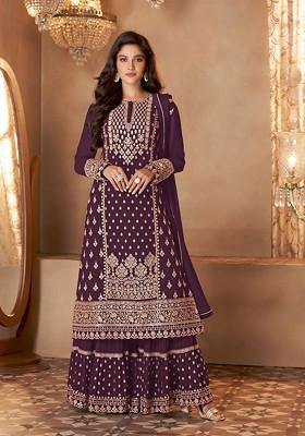 Purple Embroidered Georgette Kurta Set