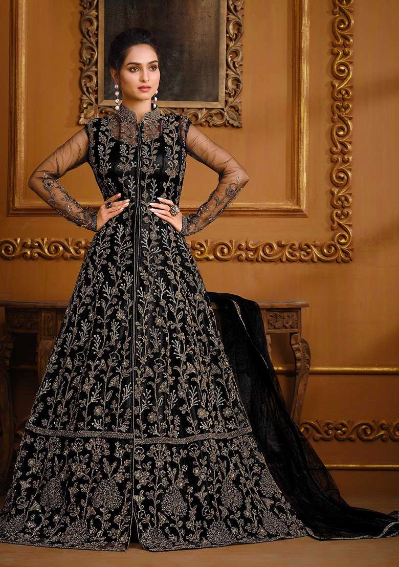 Black Embroidered Net Anarkali With Dupatta - Indya