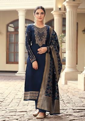 Blue Embroidered Satin Georgette Kurta Set