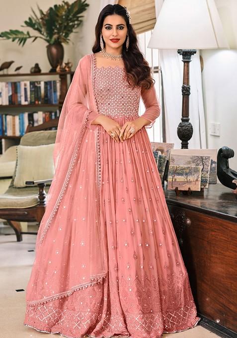 Pink Embroidered Georgette Anarkali Set