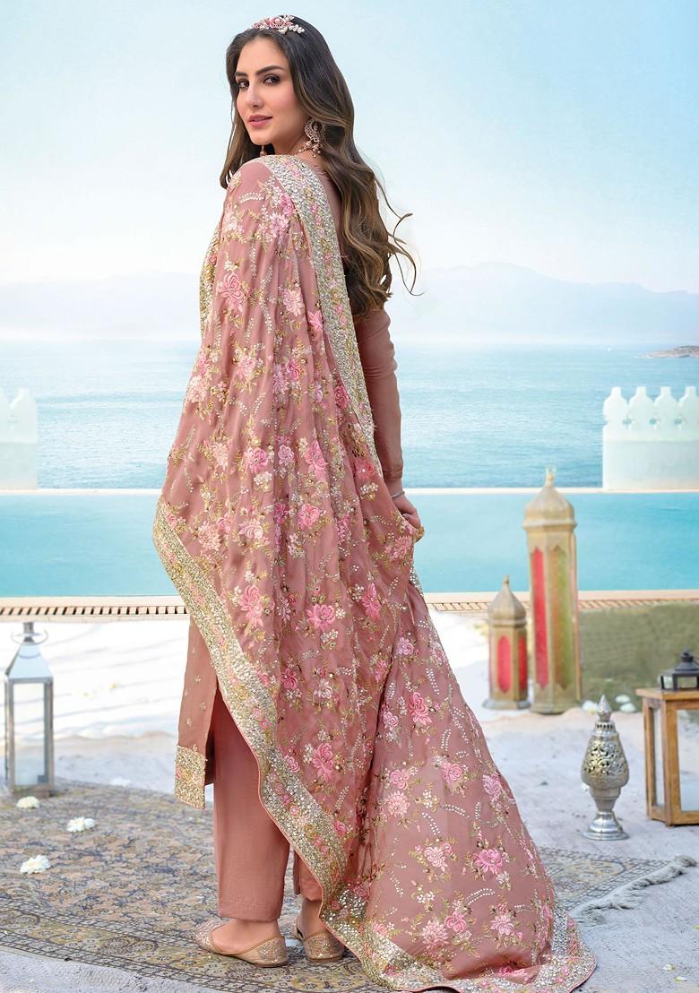 Dusty Pink Embroidered Georgette Kurta Set - Indya