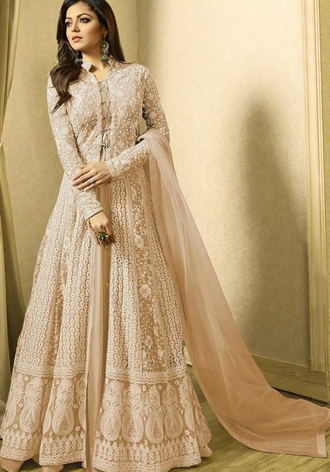 Beige Zari Embroidered Net Anarkali Set