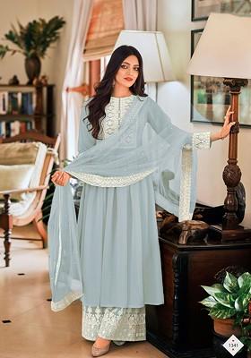 Blue Embroidered Georgette Anarkali Set