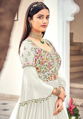 Off White Embroidered Georgette Anarkali Set