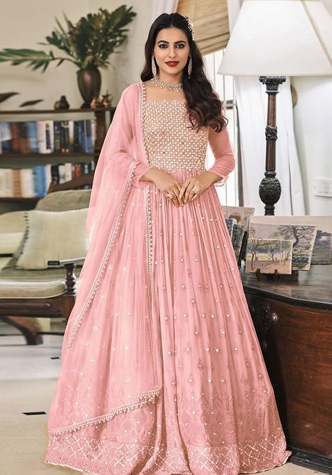 Pink Embroidered Georgette Anarkali Set