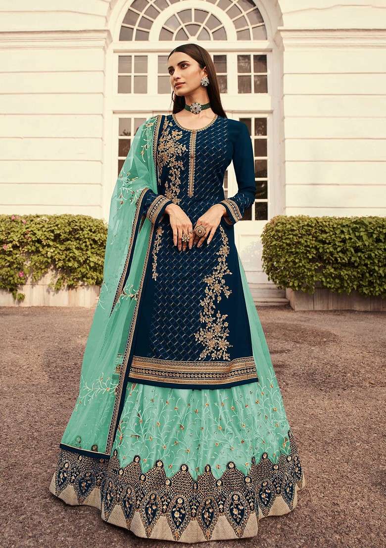 Teal Green Embroidered Georgette Pakistani Suit Set - Indya