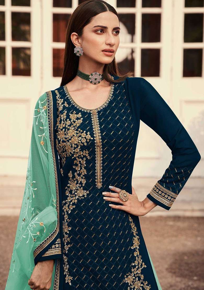 Teal Green Embroidered Georgette Pakistani Suit Set - Indya