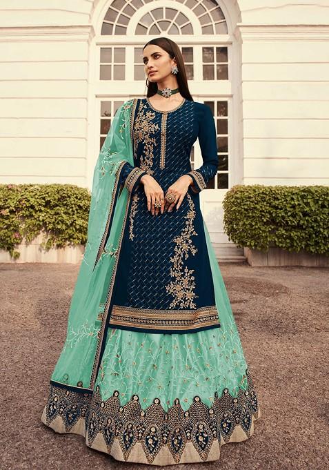 Teal Green Embroidered Georgette Kurta Set