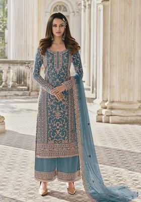 Blue Embroidered Net Kurta Set