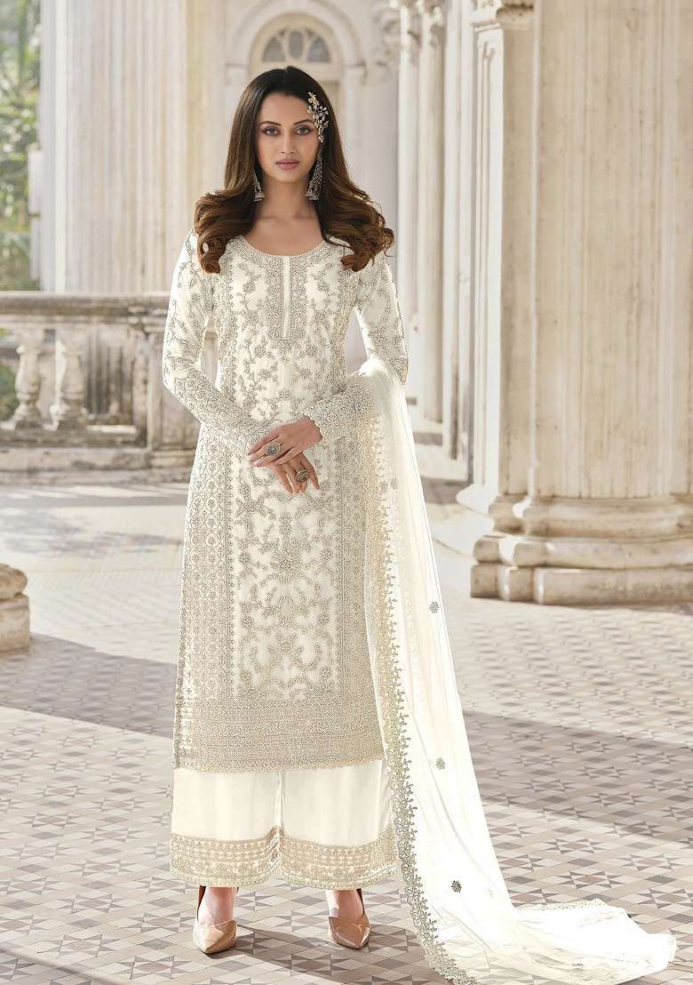Off White Embroidered Net Pakistani Suit Set - Indya
