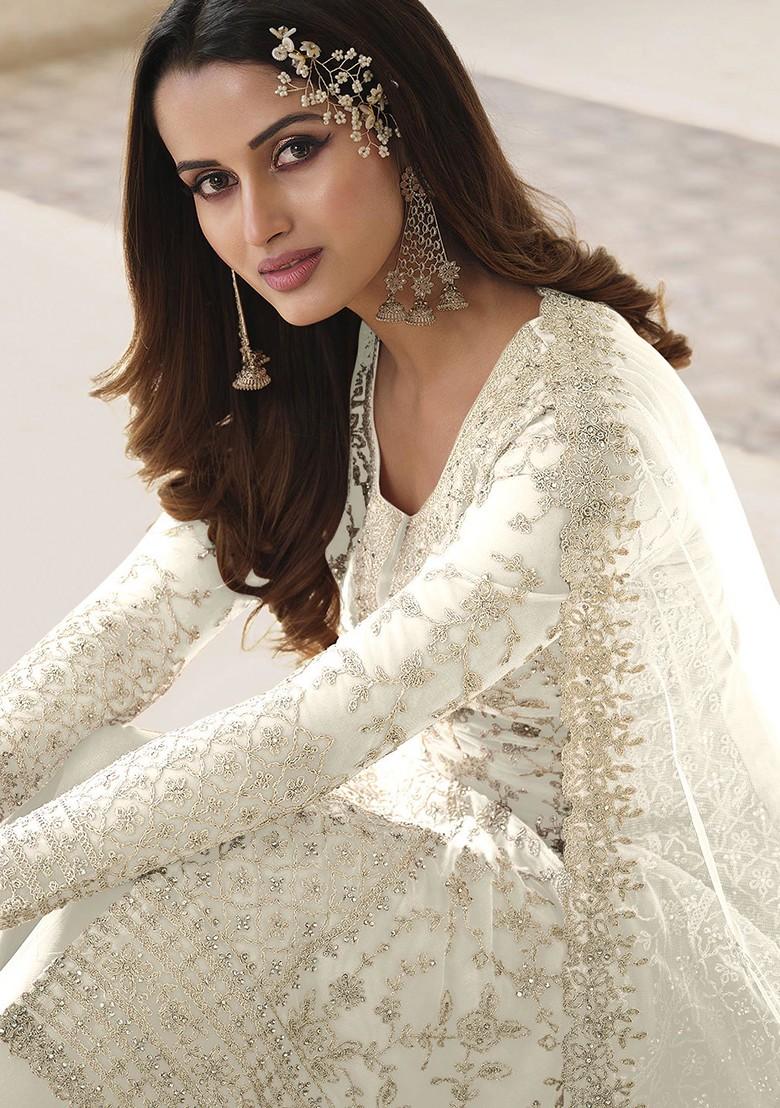 Off White Embroidered Net Kurta Set