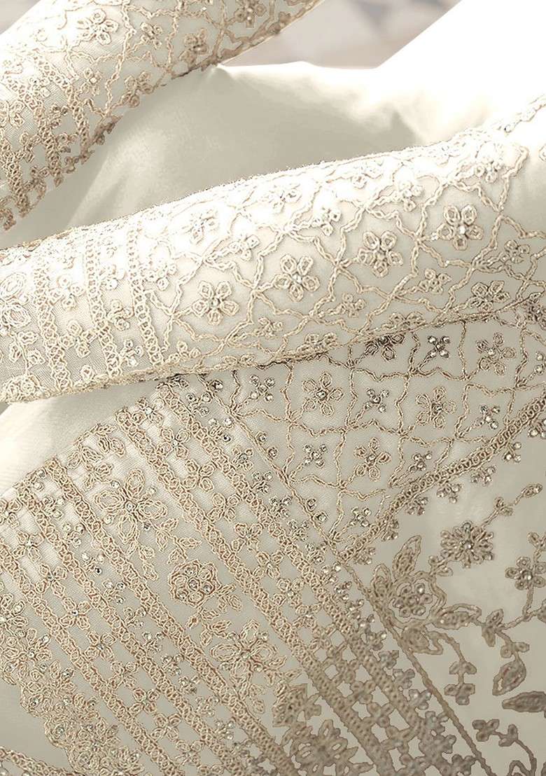 Off White Embroidered Net Pakistani Suit Set - Indya