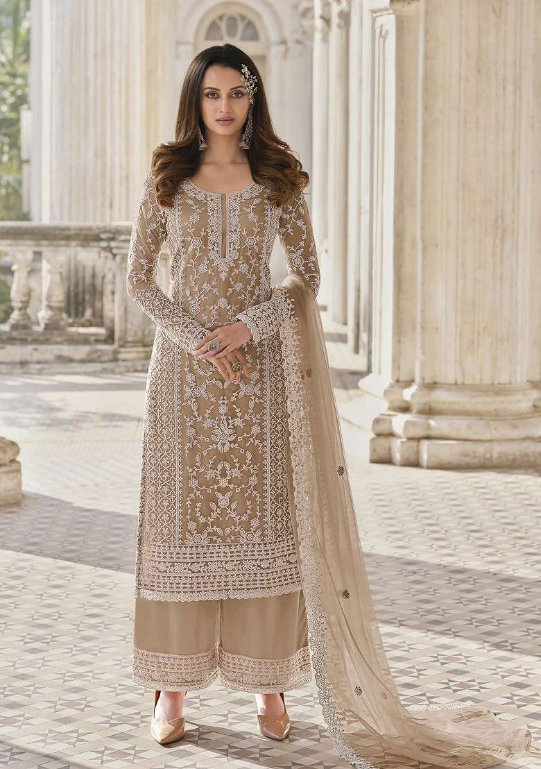 Beige Embroidered Net Pakistani Suit Set - Indya