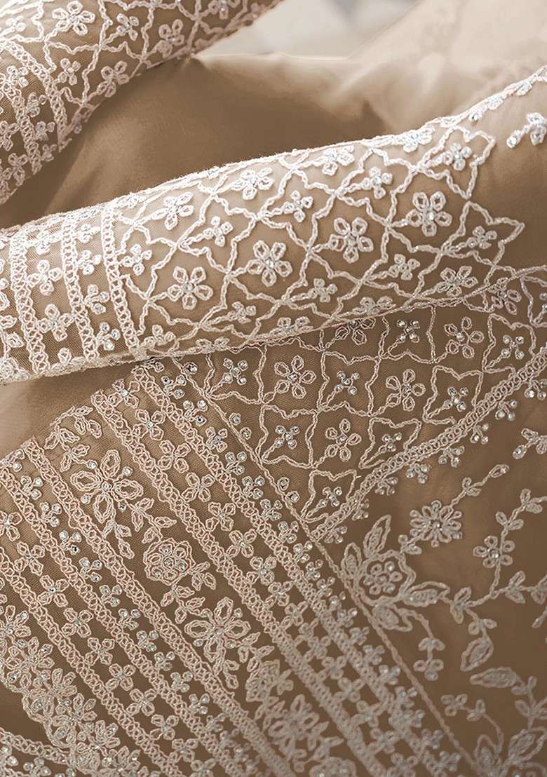 Beige Embroidered Net Pakistani Suit Set - Indya