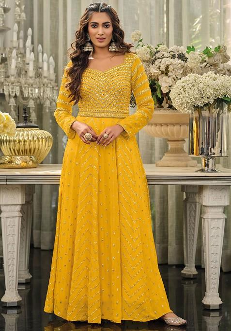 Yellow Embroidered Georgette Anarkali Set