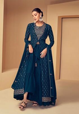 Teal Blue Embroidered Georgette Kurta Set