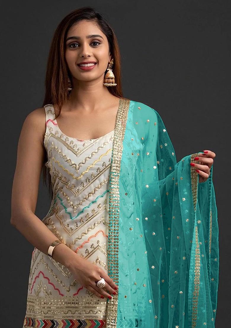 Off White Embroidered Georgette Kurta Set