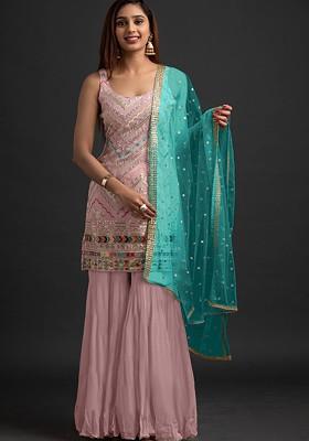 Pink Embroidered Georgette Kurta Set