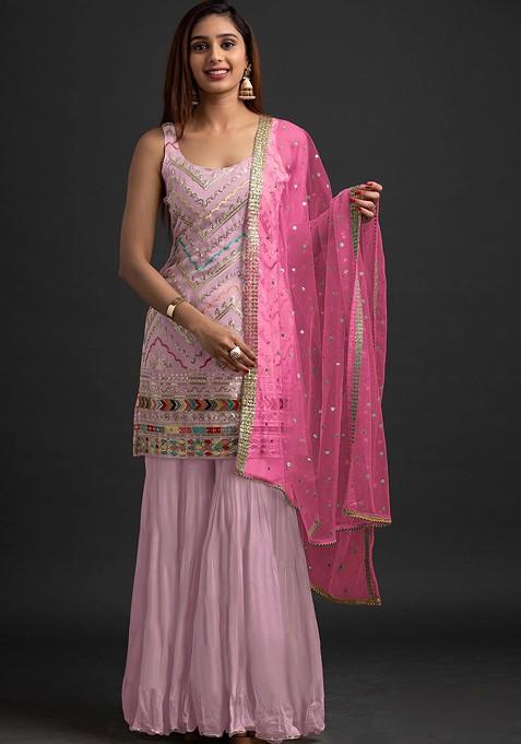 Pink Embroidered Georgette Kurta Set