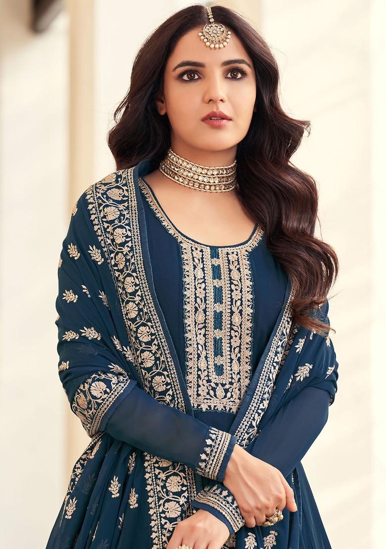 Teal Blue Embroidered Georgette Anarkali Set