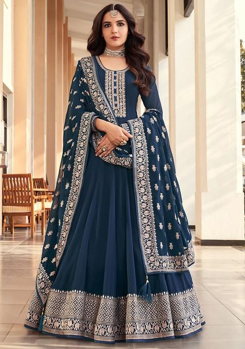 Teal Blue Embroidered Georgette Anarkali Set