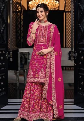 Pink Embroidered Chinon Kurta Set