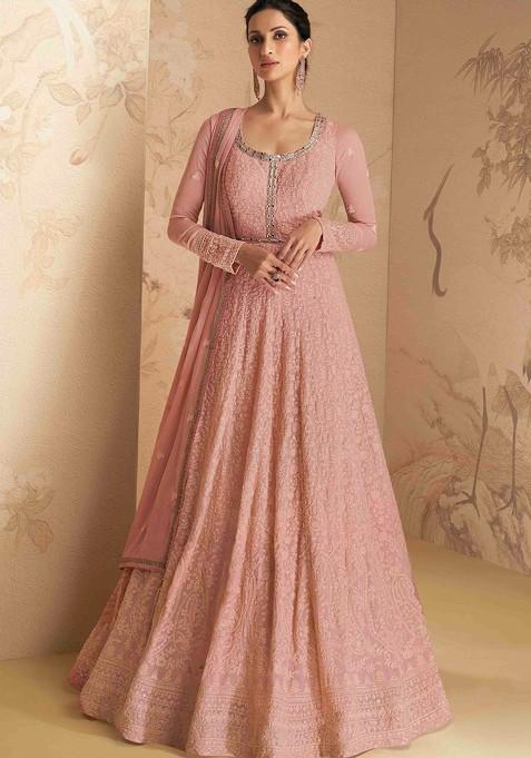 Pink Embroidered Georgette Anarkali Set