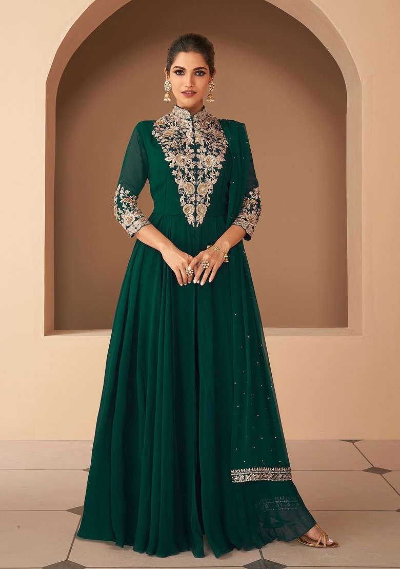 Teal Green Embroidered Georgette Anarkali With Dupatta - Indya