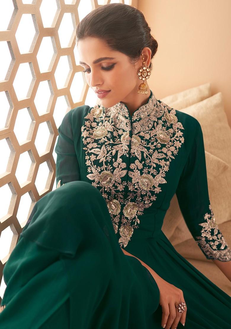Teal Green Embroidered Georgette Anarkali Set