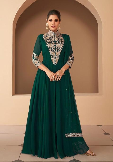 Teal Green Embroidered Georgette Anarkali Set