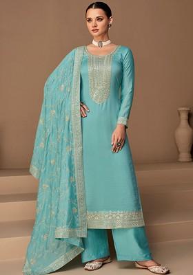 Blue Embroidered Silk Kurta Set